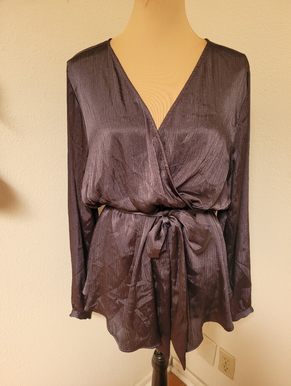 torrid Metallic Charcoal Gray Satin Wrap Blouse